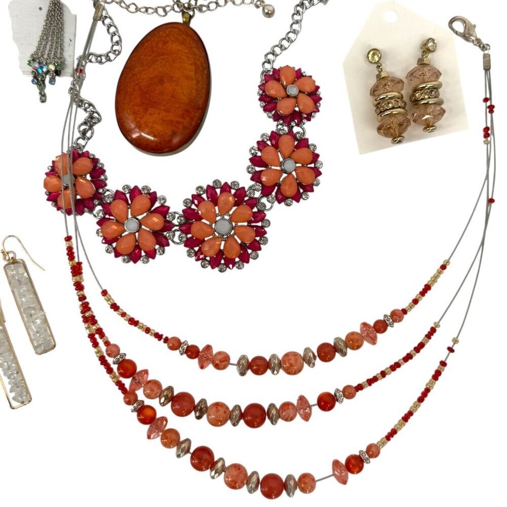 Jewelry Mixed Lot Wearable Earrings Necklace Bracelet Orange Pink Tone Boho - Picture 5 of 16